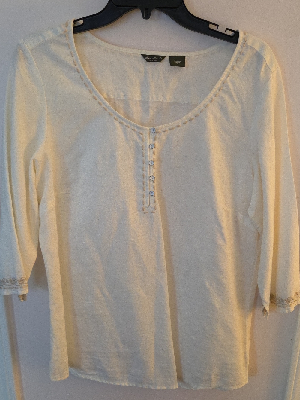 Eddie Bauer Cream Scoop-Neck Henley Long-Sleeve Top